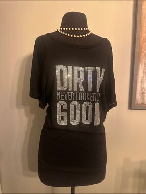Black Short Sleeve Tee with Rhinestone 'DIRTY NEVER LOOKED GOOD'
